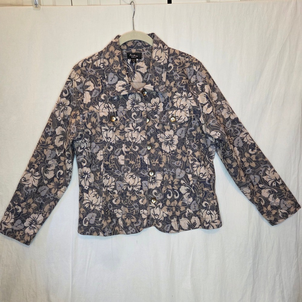 Analogy Petite Blue Beige Floral Paisley Jacquard Button Front Jacket Size PL